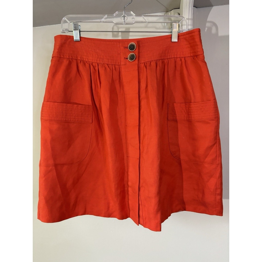 J CREW Bright Red Linen Blend Button Front Skirt 12 Preppy Nautical